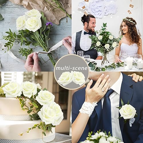 Artificial Flowers Milk White Roses 50PCS Real Looking Foam Fake Roses with Leaves and for DIY Wedding Bouquets Bridal Shower Centerpieces Party Decorations (Ivory) - color: Ivory, size: 50