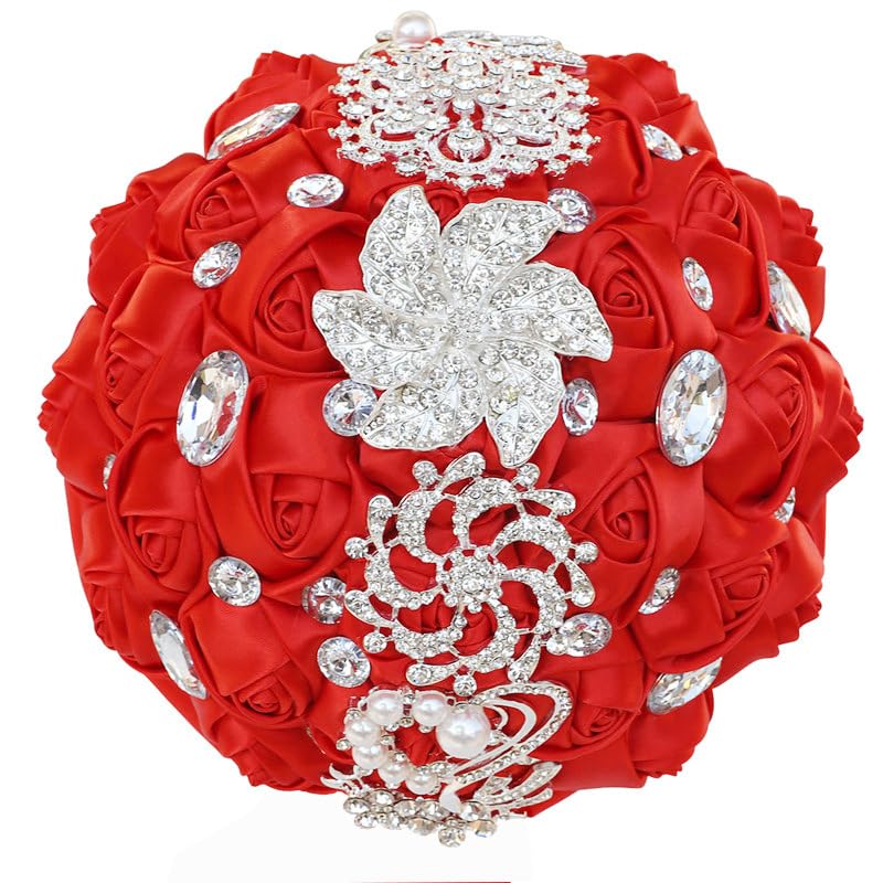 Wedding Bouquets Crystal Satin Rose Bride Bridal Bouquet Romantic Bridesmaid Holding Flower for Valentine's Day Confession Party Church Decor (Red) - color: Red