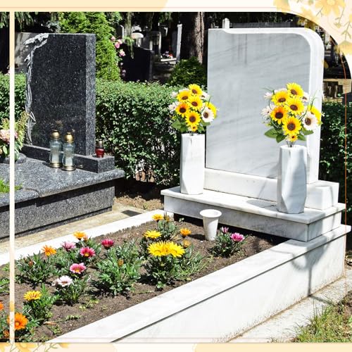 Giegxin 2 Bundles Fathers Day Sunflower Cemetery Flowers for Grave Vase Artificial Memorial Flower Bouquet Fake Silk Floral Arrangement for Dad Headstone Gravesite (Sunflower)
