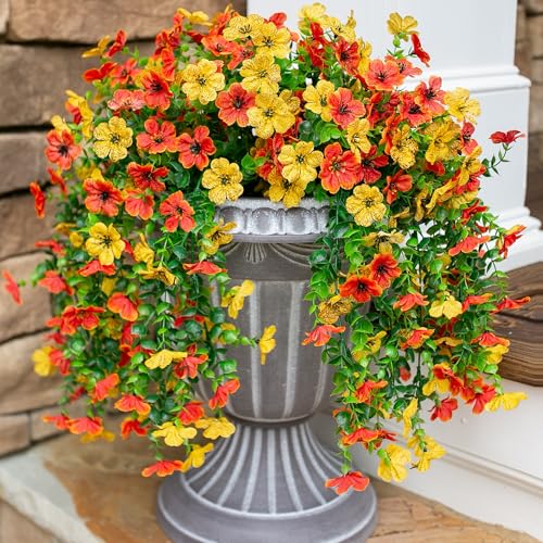 HyeFlora Artificial Flowers for Outdoors Decoration, 2Pcs Fake Hanging Spring Decor, Yellow and Orange Realistic Plants, UV & Fading Resistant Silk Flower for Porch Patio Balcony Planter Yard - color: Orange+yellow