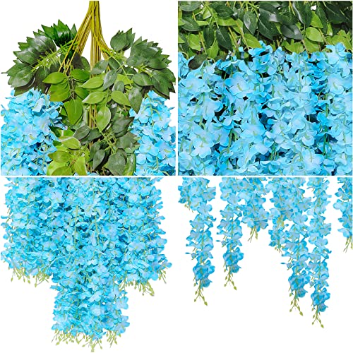 U'Artlines 24 Pack(Total 86.4 Feet) Artificial Fake Wisteria Vine Rattan Hanging Garland Silk Flowers String Home Party Wedding Decor (24, Blue) - color: Blue