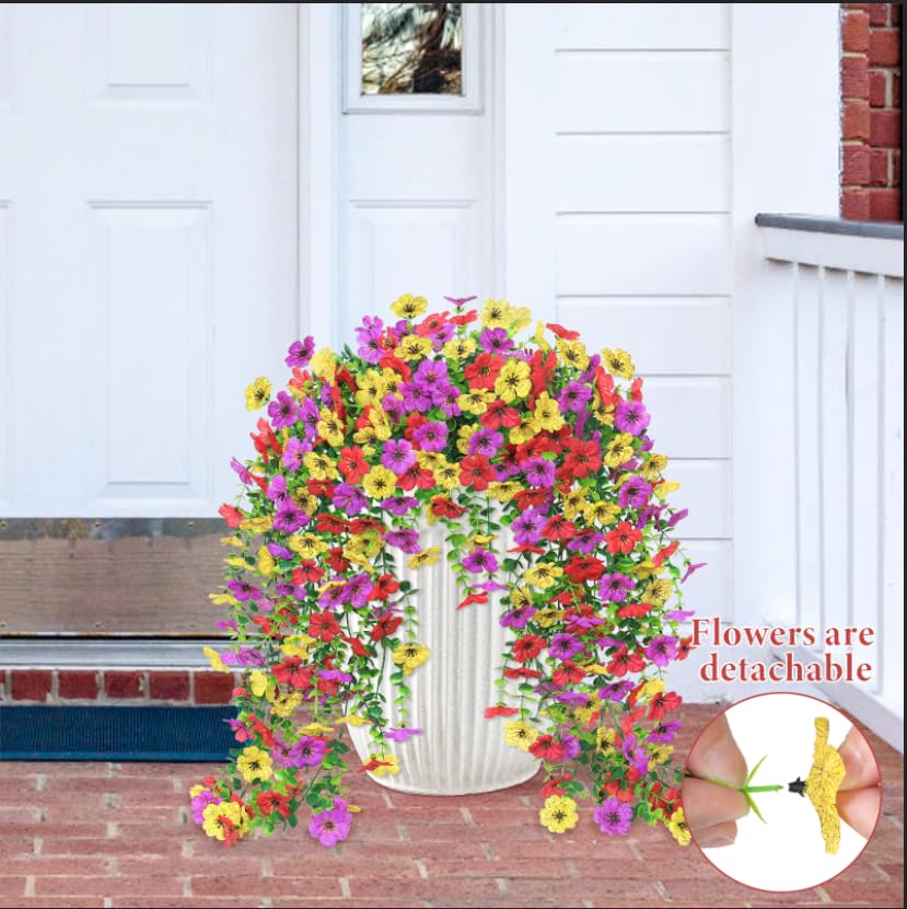 Betylifoy 4PCS Artificial Hanging Flowers Fake Hanging Plants for Outdoors Spring Decor UV Resistant Faux Silk Orchid Flowers Greenery Long Trailing Vines for Indoor Outside Garden Porch Decor - color: Purple&yellow&red