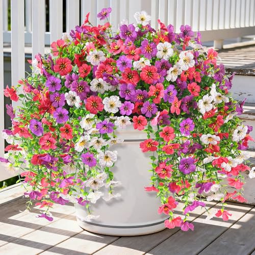 INQCMY 2Pcs Artificial Fake Hanging Flowers for Outdoors UV Resistant Artificial Plants for Spring Summer Decor Look Real Faux Flowers for Outside Home Planter Porch Patio Decor - color: Rose Purple White
