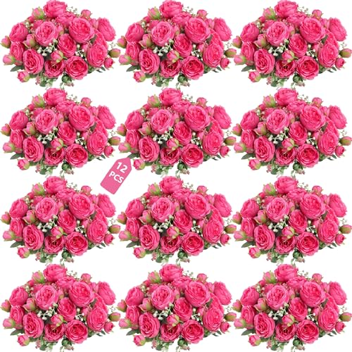 Peonies Artificial Flowers 12 Bundles Pink Flowers Bouquet, Lifelike Silk Fake Peonies with Stems for Home Table Centerpieces, Wedding, Party & DIY Bridal Floral Arrangements (Rose red) - color: Rose Red
