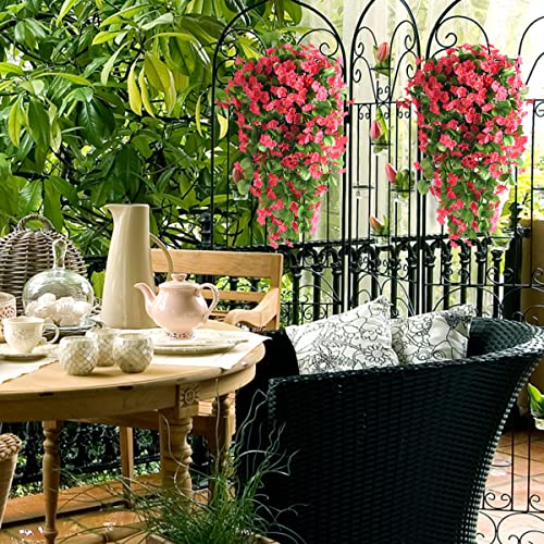 ZFProcess Artificial Fake Hanging Flowers Plants for Outdoor Spring Summer Decoration, 2PCS Faux Silk Violet UV Resistant Look Real Trailing Vines for Outside Home Planter Porch Patio(Rose red) - color: Rose Red