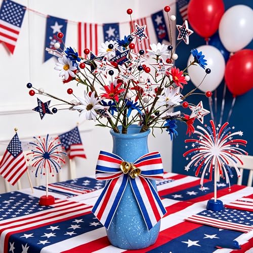 3 Pack Patriotic Artificial Berry Stem Picks: 4th of July Decorations Red White and Blue Stars Flowers Decoration for Independence Day, Home Vase Décor Table Centerpieces - color: Patriotic White Blue Red Stars