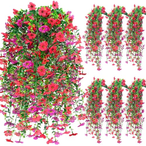 6 Pcs Spring Artificial Hanging Flowers Outdoor Faux Silk Mum Plant Decor Violet with Eucalyptus Realistic UV Resistant Trailing Vine Spring Porch Yard(Lovely Color,Violet) - color: Lovely Color, style: Violet