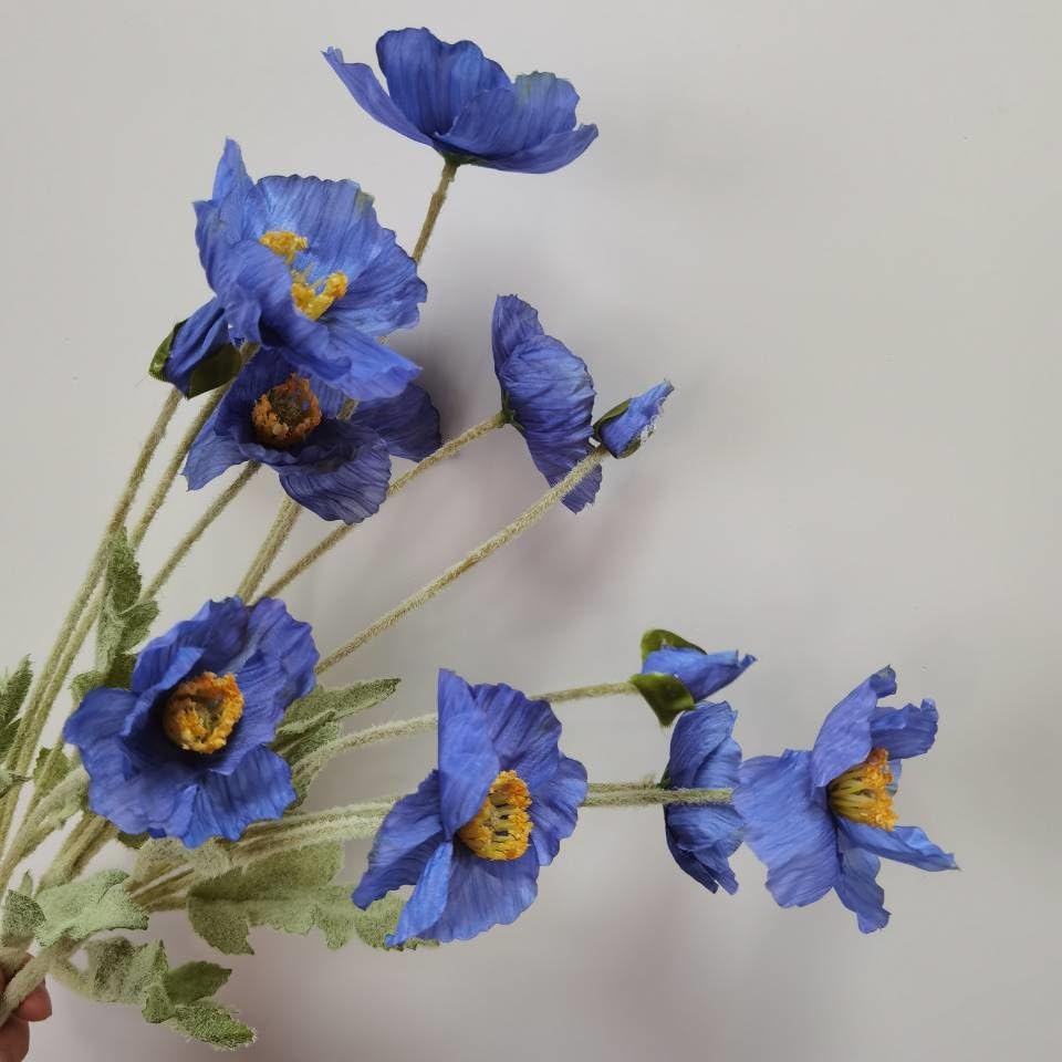 3 Bundles of 22 inches Tall Blue Poppy Flowers Artificial,Ranunculus Artificial Flowers,Faux Flower Stems for Wedding,Party, Outdoor Indoor Decor Flower Arrangements for Table - color: Blue