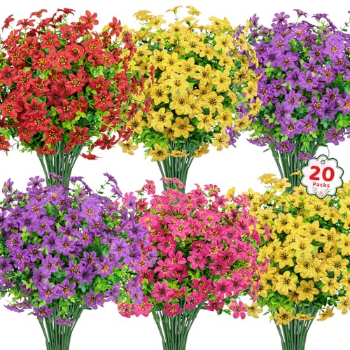 20 Bundles Artificial Flowers for Outdoors, Fake Silk Flowers UV Resistant Faux Realistic Plastic Plants for Spring Summer Porch Patio Garden Planter Window Box Home Decor, Mixed Color - color: Mixed Color
