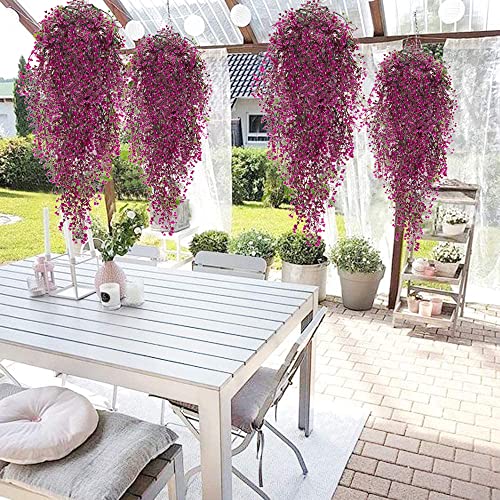 RECUTMS Hanging Fake Vines Artificial Hanging Plants Greenery 4Pcs Faux Wall Vines Ferns with Plastic Flowers for Summer Spring Wedding Graduation Bedroom Indoor Outdoor Home Office Decor(Fuchsia) - color: Fuchsia-hanging