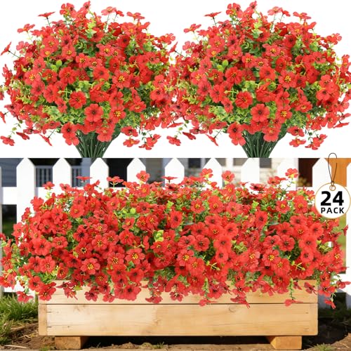 24 Bundles Artificial Flowers for Outdoors, UV Resistant Faux Flowers for Outdoor Planters, Fake Flowers for Outside Porch Patio Window Box, Mixed Color Daisy Bushes for Garden Decor(Red) - color: Red