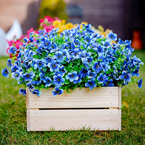 AXYLEX Artificial Flowers for Outdoors, 16 Bundles Fake Plants (Blue) | UV resistant faux plastic flowers, no fade artificial greenery – garden, patio, porch & home - color: Blue