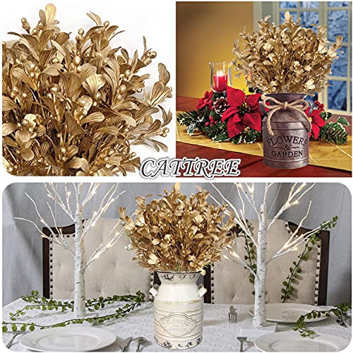 CATTREE Christmas Artificial Flowers, Golden Leaves Branches Plants Fake Berry Plant Decor for Wedding Party Indoor Outdoor DIY Home Office Table Centerpieces Arrangements Decoration - Gold 2 Pack - color: Gold Leaves Berry Grass-2 Pcs