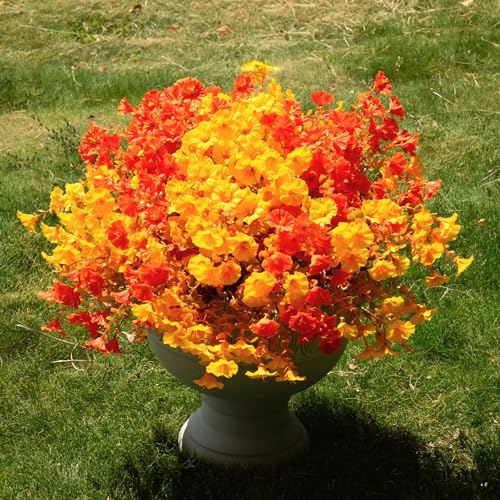 16 Bundles Fall Mums Artificial Flowers for Outdoor Decoration,Realistic Fake Plants Orange Red Petunias, UV Resistant Faux Yellow Silk Flowers for Vase Planter Front door Porch Garden (Autumn) - color: Autumm