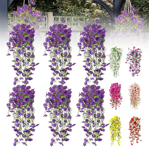 Artificial Flowers for Outdoors Fake Morning Glory Hanging Flower Decoration, 6 Pcs Realistic Faux Plants Petunias Trailing Vines, Spring Summer Decor for Porch Patio Balcony Planter Yard(Purple) - color: Purple, size: 6 Pcs