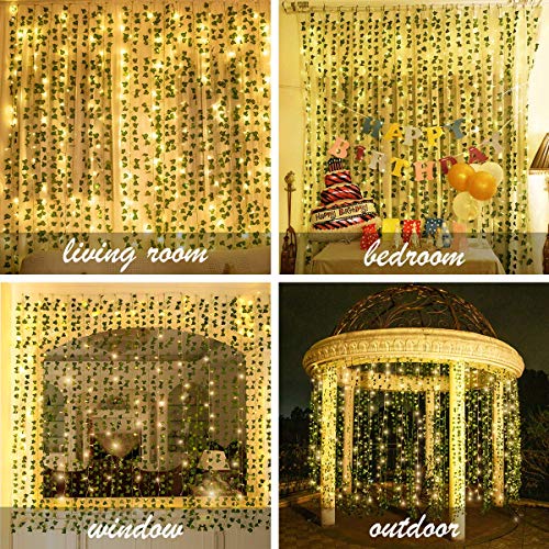 KASZOO 12 Pack Artificial Ivy Leaf Plants with 240 LED Window Curtain String Lights, Fake Plants Vine Hanging Garland, Hanging for Wall Party Wedding Room Home Kitchen Indoor & Outdoor Decoration