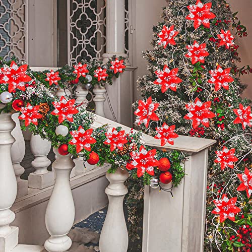 36 Pcs Christmas Glitter Artificial Poinsettia Flowers Xmas Poinsettia Artificial Wedding Flowers Decorations Xmas Tree Ornaments with Clips for Party, 6 Inch, 4 Inch, 3 Inch(Red and Silver) - color: Red and Silver