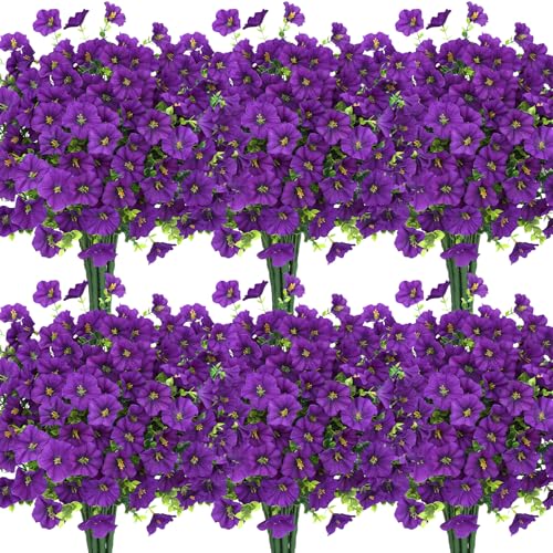 Roberly 12 Bundles Artificial Flowers for Outdoors, Fake Flowers Silk Morning Glory with Eucalyptus UV Resistant Faux Plants for Spring Summer Garden Outside Porch Patio Yard Home Decor, Purple - color: Purple