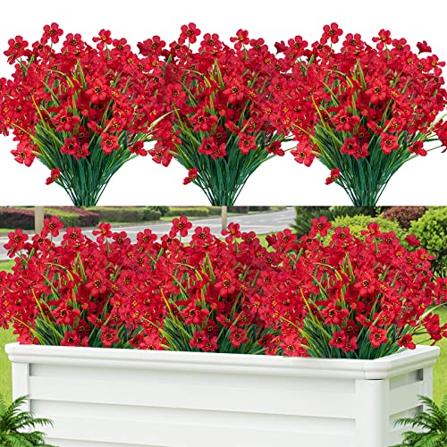 Lnoicy 12 Pcs Artificial Flowers for Outdoor,Plastic Flowers Decoration, UV Resistant Faux Flowers Shrubs, Artificial Plants for Indoor Outside Garden Home Wedding Farmhouse（Red） - color: Red, size: 12