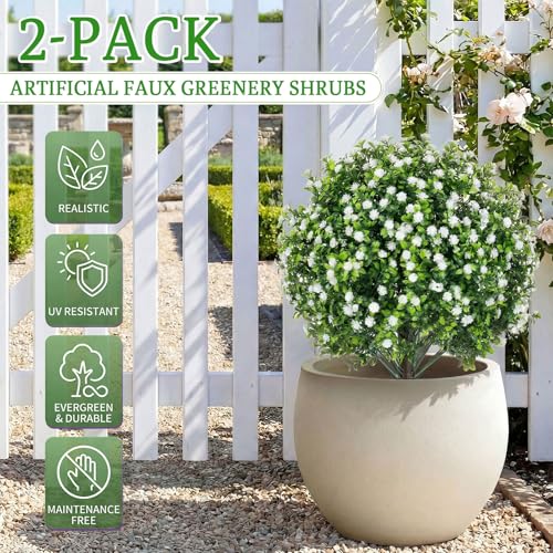 Artificial Boxwood Topiary Ball Trees 27" with Ground Spike – Set of 2 Faux Shrubs with Baby's Breath Flowers, UV-Resistant Fade-Proof Evergreen Artificial Plants for Indoor & Outdoor Porch Decor - color: Boxwood Baby Breath