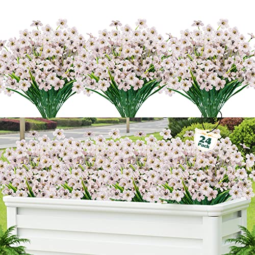 Lnoicy 24 Pcs Artificial Flowers for Outdoor,Plastic Flowers Decoration, UV Resistant Faux Flowers Shrubs, Artificial Plants for Indoor Outside Garden Home Wedding Farmhouse(White) - color: White, size: 24