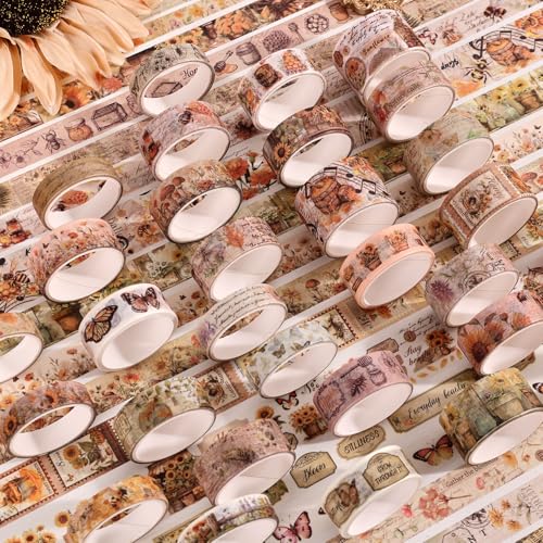 Natural Washi Tape Set, 42 Rolls - Floral, Butterfly, Bee, Botanical,Letter, Vintage Writable Scrapbooking Tapes for Journaling, Bullet Diaries, Card Making, Gift Wrapping, Aesthetic Craft Supplies - style: Nature
