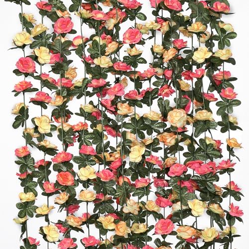 KHOYIME 9 Pack 72 FT Artificial Flower Garland, Fake Champagne Roses Vines Silk Flowers Faux Outdoor Hanging Floral Ivy Garland Decoration for Wedding Arch Bedroom Home Wall Backdrop Room Decor - color: Champagne, size: 9pcs