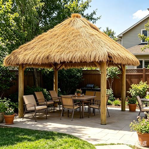 XLX TURF Artificial Thatch Roof for Tiki Bar Huts Hawaiian Cowboy Party Decorations - Fireproof Wild Mexican Style Artificial Hay Straw Roll Crafts Garden Fence Patio - 12' x 15.74" Duck Blind Grass - size: 15.74" x 12'