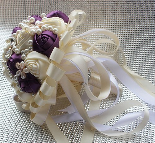 USIX Handcraft Popular Satin Rose Rhinestone Brooch Flower Pearl Bridal Holding Wedding Bouquet Wedding Flower Arrangements Bridesmaid Bouquet(Dark Purple+Ivory) - color: Dark Purple+ivory