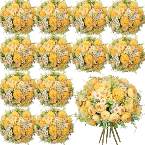 Tigeen Peonies Artificial Flowers Faux Roses Silk Flowers Hydrangea Artificial Bouquet for Wedding Table Centerpiece Floral Vase Home Office Bridal Decor(Light Yellow,12 Bundles) - color: Light Yellow