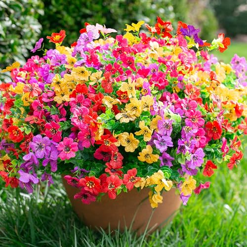 florisso Artificial Flowers for Outdoors Daisy 12 Bundles for Home Decoration, Faux Flower Fake Plants Outside Decoration with Eucalyptus UV Resistant for Planter Porch Patio Yard Garden Colorful - color: Purple Pink Yellow Red