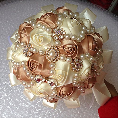 USIX Handcraft Popular Satin Rose Rhinestone Brooch Flower Pearl Bridal Holding Wedding Bouquet Wedding Flower Arrangements Bridesmaid Bouquet(Champagne+Ivory) - color: Champagne+ivory