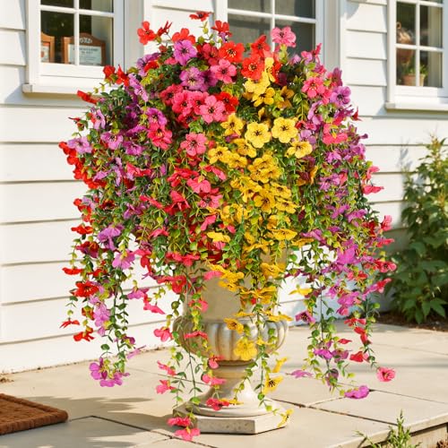 Artificial Hanging Flowers for Outdoor Decor, 6 Bundles UV Resistant Faux Silk Flowers, Fake Hanging Plants for Porch Patio Yard Planter Indoor Home Decoration(Fuchsia, Red, Purple, Yellow) - color: 4 Multicolor