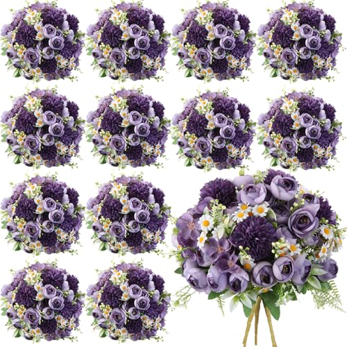 Tigeen Peonies Artificial Flowers Faux Roses Silk Flowers Hydrangea Artificial Bouquet for Wedding Table Centerpiece Floral Vase Home Office Bridal Decor(Dark Purple,12 Bundles) - color: Dark Purple