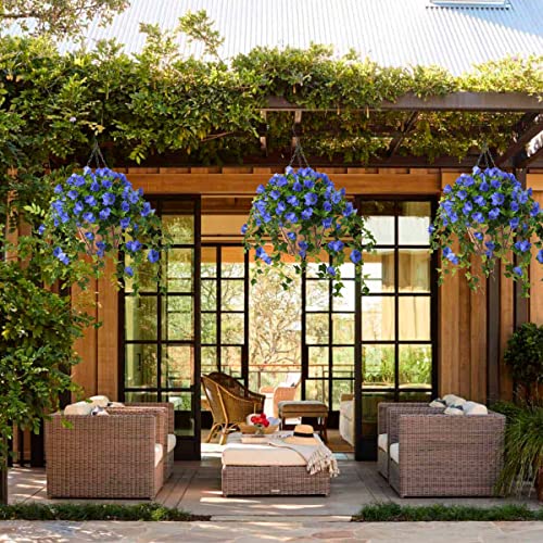 Homsunny Artificial Vine Silk Petunia Flowers, Fake Hanging Plant in Basket, Coconut Lining Pot Porch Decoration for Patio Lawn Garden Spring Summer Decor(Blue) - color: Blue