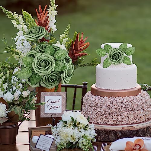 AmyHomie Artificial Flowers Green Rose 25pcs Real Looking Fake Roses w/Stem for DIY Wedding Bouquets Centerpieces Arrangements Party Baby Shower Valentines Day Christmas Tree Decorations - color: Green