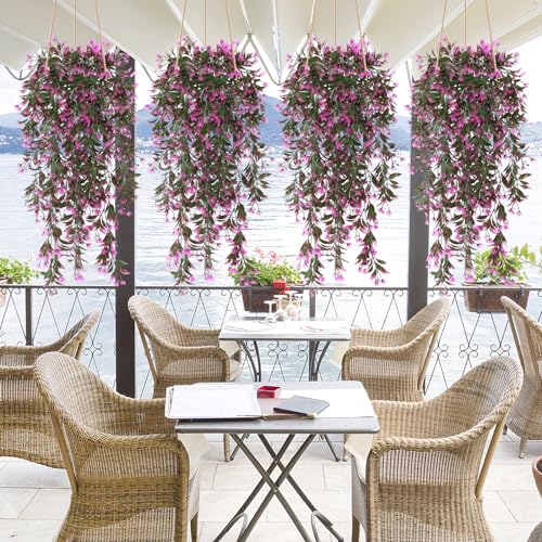 TOCHGREEN 4Pcs Artificial Hanging Plants Fern Vine, Faux Plastic Plants Fake Ivy Vine Greenery Garland with RoseRed Flower, Outdoor Indoor Decorations for Living Room Garden Wall Home Decor (Rose Red) - color: Rose Red