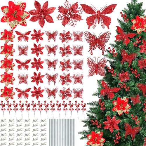 Thiccywoov 122 Pcs Christmas Glitter Poinsettia Artificial Flowers Berry Picks Butterfly Christmas Tree Ornaments 3 Styles Poinsettia kit with Clip for Xmas Wreath Home Tree Decor(Red) - color: Red