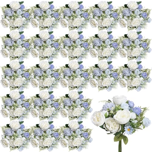 Bundles Artificial Peonies, 24 Bundles Silk Dusty Blue White Peonies with Stems Faux Peony Bundles for Summer Wedding Bouquet Home Bridal Baby Shower Party Centerpieces Vase Office - color: Dusty Blue & White