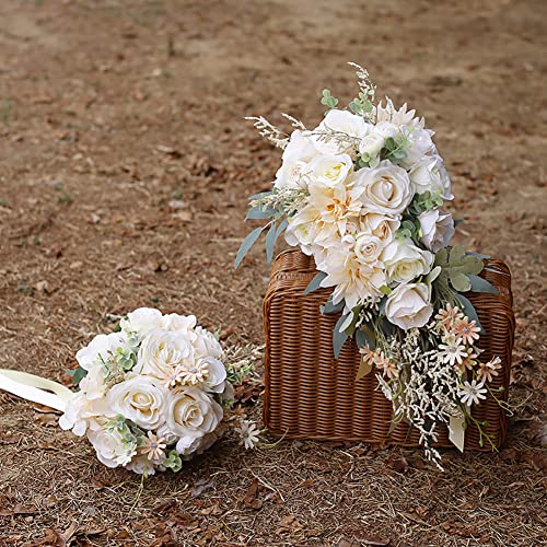 Ansofi Wedding Bouquets for Bride Bridesmaid Tossing Wedding Bouquet Beige White Rose Artificial Bridal Bouquet for Boho Rustic Wedding Ceremony Anniversary - color: Bridesmaid Bouquet