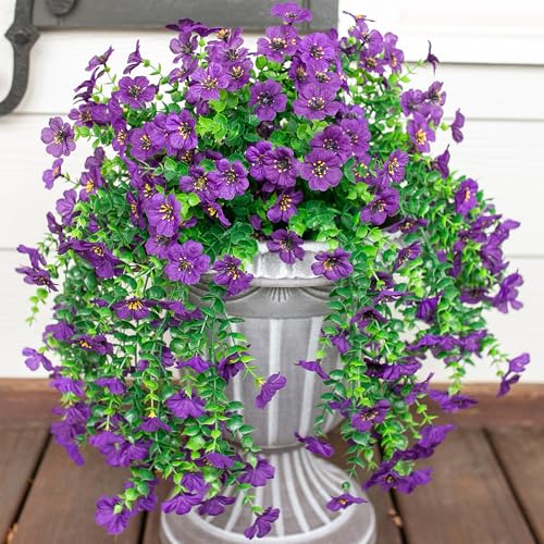Artificial Faux Hanging Flowers Plants for Spring Outdoor Outside Decoration, 2 PCS Fake Silk Daisy with Eucalyptus UV Resistant Realistic Trailing Vines for Balcony Patio Porch (Dark Purple) - color: Dark Purple