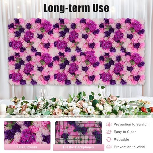 Flower Wall Backdrop 3D Wall Panels, 6Pcs Artificial Flower Wall Panel Silk Rose Floral Decorative Faux Flower Wall Background for Wedding Home Decoration (Pink, Purple,23.6 * 15.7in) - color: Pink, Purple