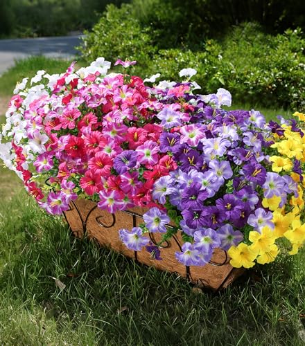 Artificial Flowers for Outdoors Fake Plants Outside Decoration, 20 Bundles Silk Petunia with Eucalyptus UV Resistant Realistic Faux Flowers for Outdoor Planters Garden Balcony Yard Porch Patio, Mix - color: 6mix(4 Purple, 3 Gradient Purple, 3 Fuchsia, 4 G