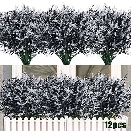 Artificial Plants Spring Black Artificial Outdoor Flowers UV Flowers Outdoor Artificial Greenery for flower arrangements Indoor Outside Hanging Plants Garden Porch Window Home Farmhouse Décor(B+W) - color: Black+white, size: 12 Bundles
