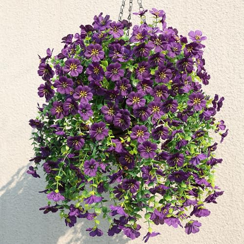 HyeFlora Artificial Hanging Flowers Basket for Outdoor, Fake Flowers Faux Plants Look Real for Yard Gardens Porch Patio Home (Darkpurple) - color: Dark Purple