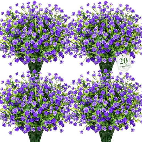 20 Bundles Artificial Flowers for Outdoors Fake Plastic Flowers UV Resistant Realistic Faux Plants Shrubs for Spring Summer Garden Porch Yard Patio Planter Window Box Home Decor, Purple - color: Purple