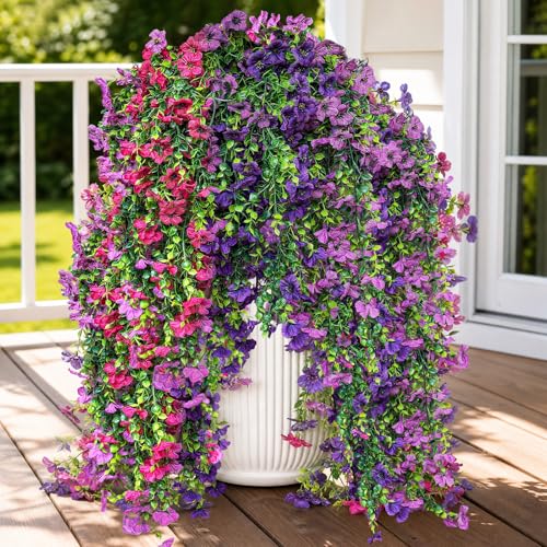 CLEANGOR 12Pcs Artificial Fake Hanging Flowers Plants for Outdoor (3 Color) | UV Resistant Artificial Outdoor Plant, Faux Silk Daisy with Eucalyptus Leaves, for Garden, Porch, Balcony, Yard Decor - color: Mix1(purple+rose Red+dark Purple)