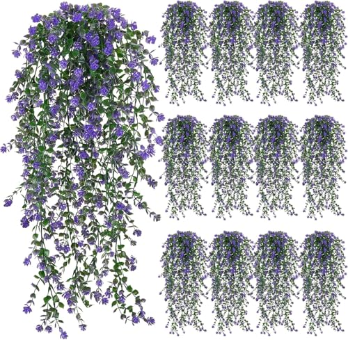 12 Pcs Artificial Hanging Flowers Faux Eucalyptus Vine Fake Hanging Plants Plastic UV Resistant Trailing Vines for Indoor Outdoor Wall Garden Front Porch Home Decor (Purple) - color: Purple-12pcs