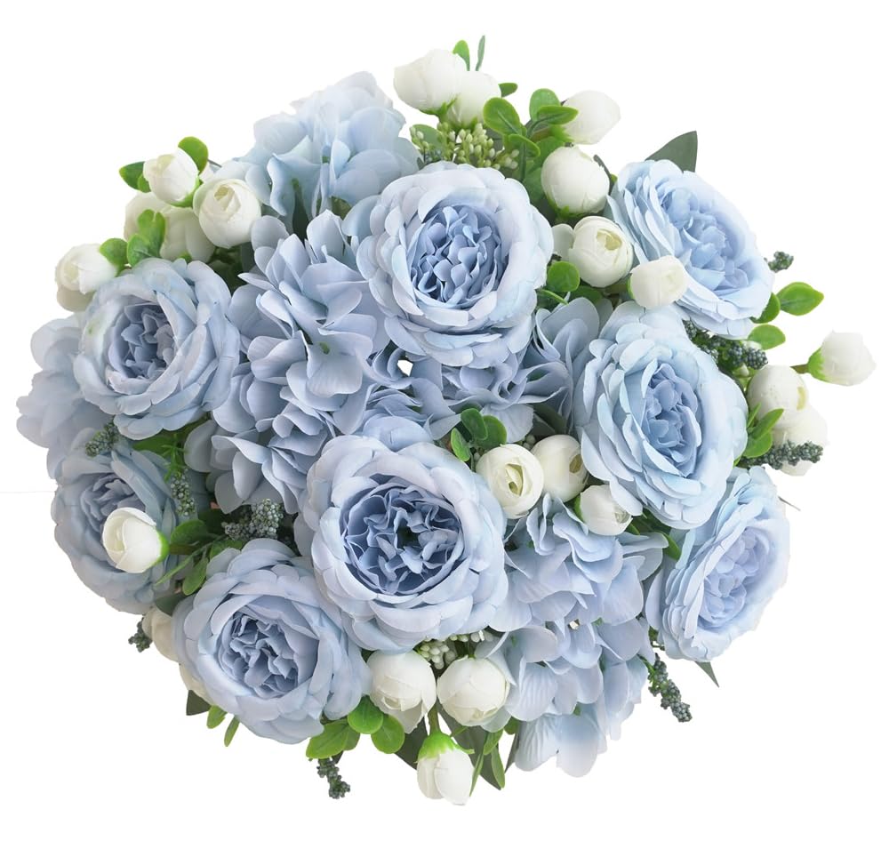 4 Bunches Peonies Artificial Flowers, Silk Peonies Flowers Fake Bouquet Faux Floral Arrangements for Centerpiece Table Wedding Party Home Decor (4, Blue White) - color: Blue White