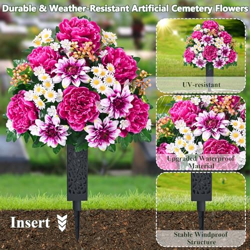 Dolicer Artificial Cemetery Flowers for Grave, Set of 2 Memorial Grave Flowers for Cemetery with Vase Realistic Silk Gravesites UV Resistant Peony Daisies Flowers Decorations (Red with White) - color: Rose Red
